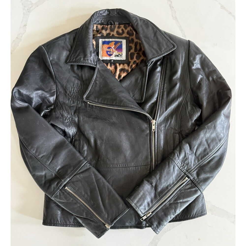Hard Rock Cafe Las Vegas Women’s Leather Jacket Small Leopard Lining Biker Y2K
